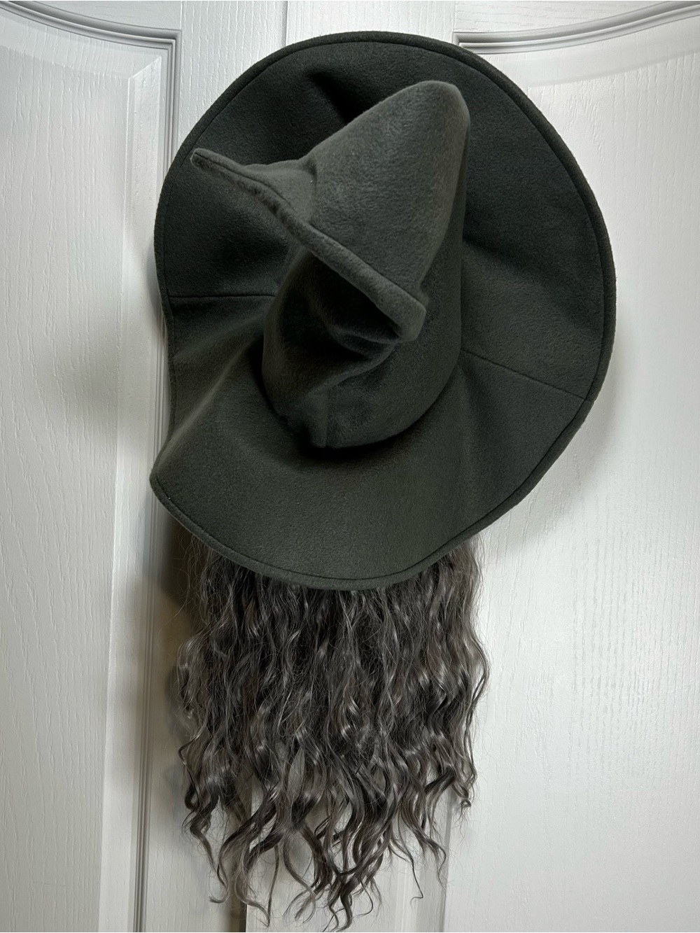 Gray Witch Hat with Attached Long Curly Gray Wig, One Size Halloween - Picture 2 of 4